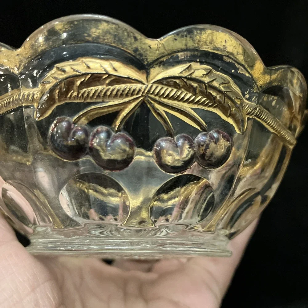 Vintage Mosser Northwood Glass Cherry & Cable Thumbprint 24K Gold Candy Dish